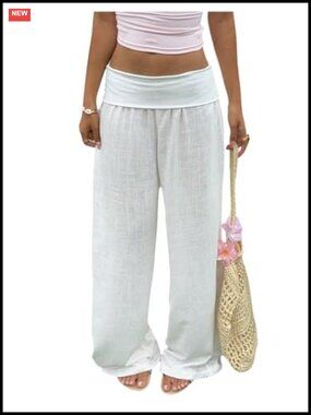 Wide Leg Linen Fold Over Pants - Low Rise Casual Lounge